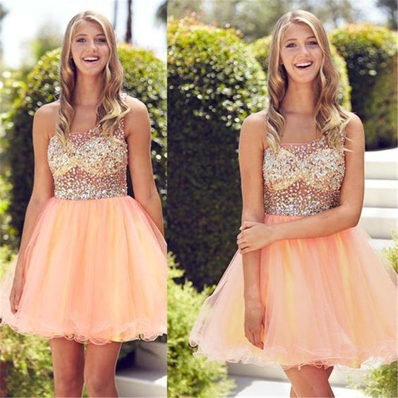 one shoulder peach prom dresses short ...